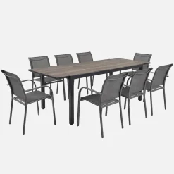 Tuintafel van aluminium met houteffect uitschuifbaar met 8 stoelen