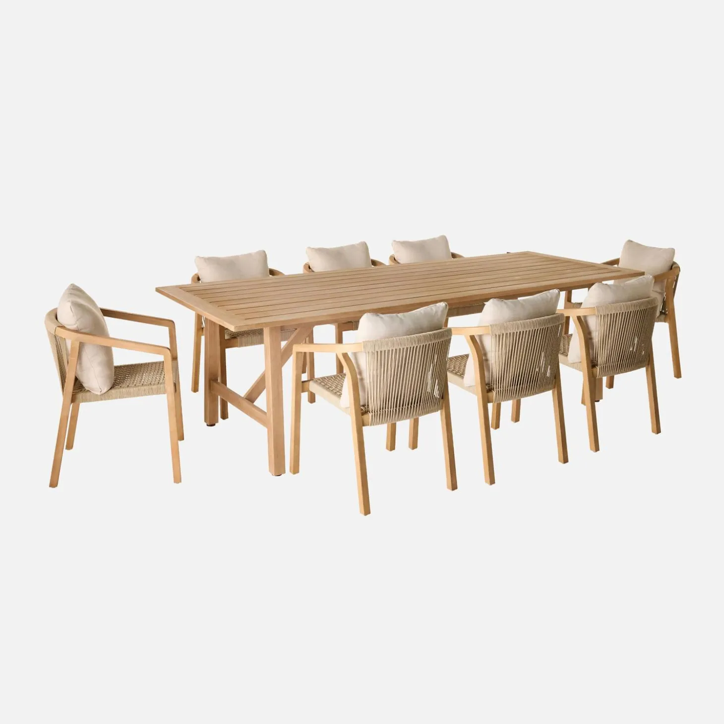 Tuintafel van eucalyptus hout en touw met 8 stoelen