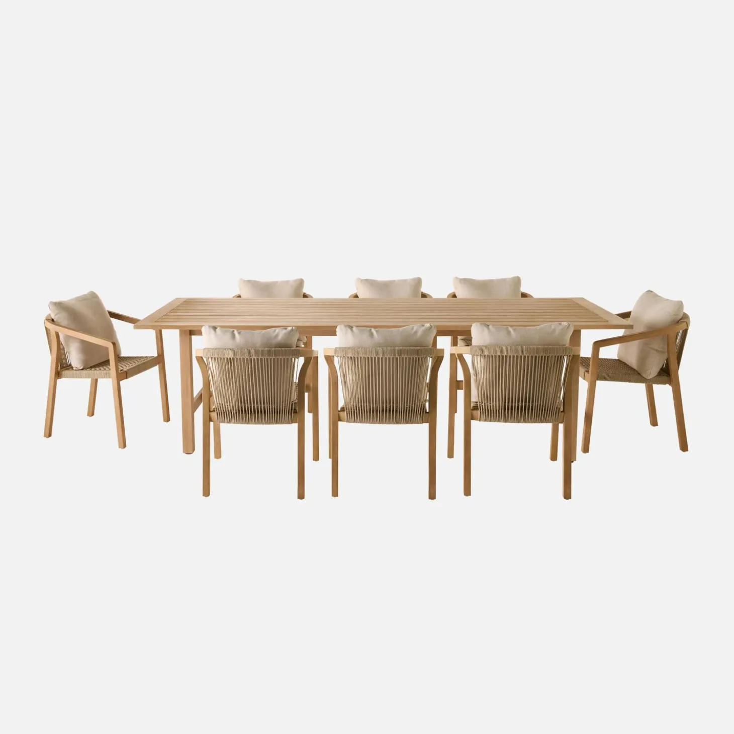 Tuintafel van eucalyptus hout en touw met 8 stoelen