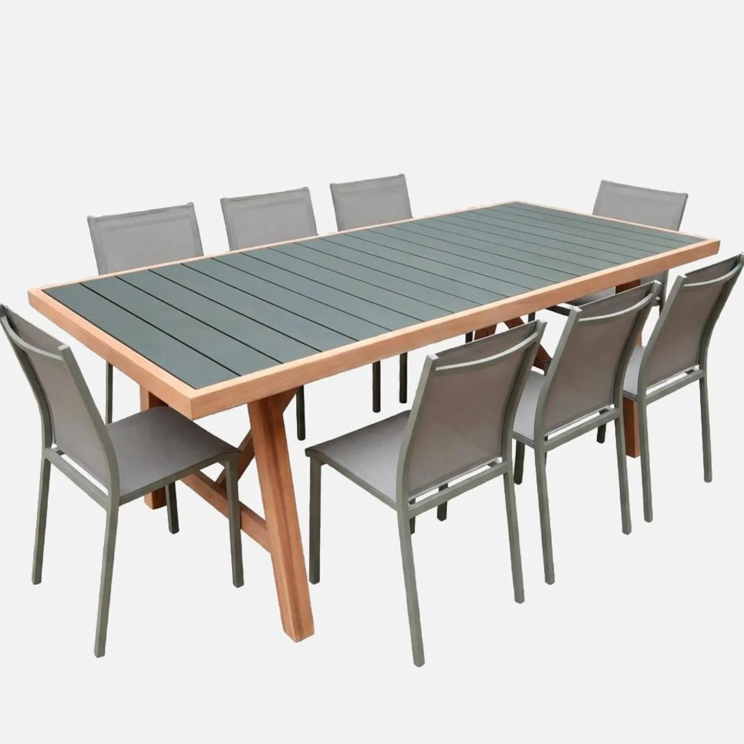 Tuintafel van hout en aluminium met 8 stoelen