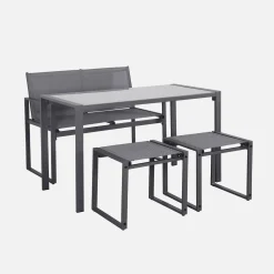 Tuintafel + 4 zitplaatsen inschuifbare set van staal en textileen