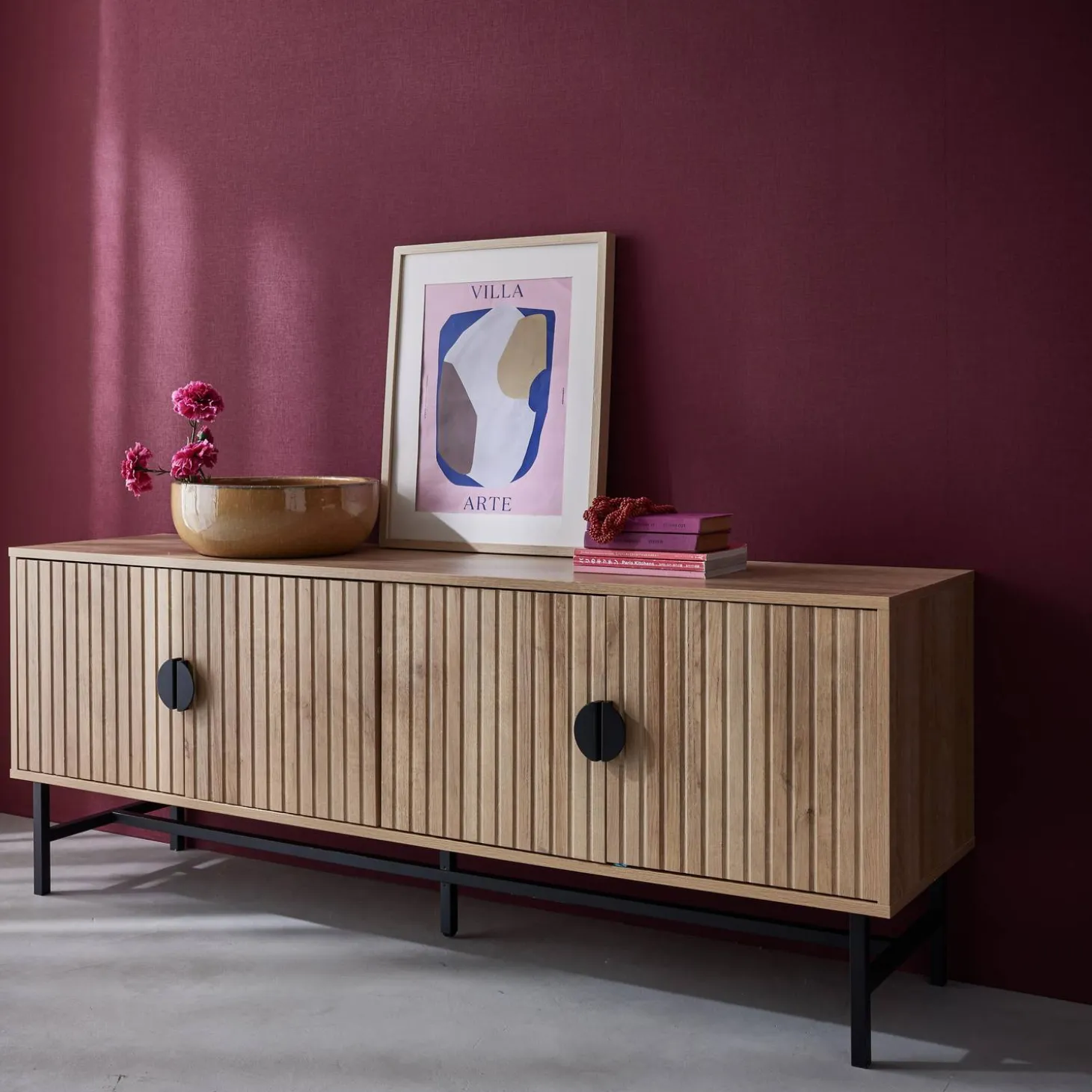TV-meubel, gegroefd houtkleurig decor, Bazalt