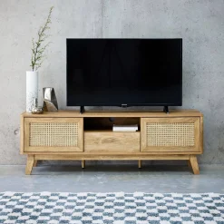 TV-meubel met schuifdeuren, kastje, plank met hout- en rietmotief, 150cm