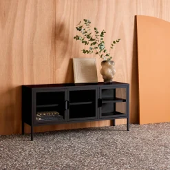 TV-meubel vitrine gehard glas en staal 3 deuren industrieel 120cm