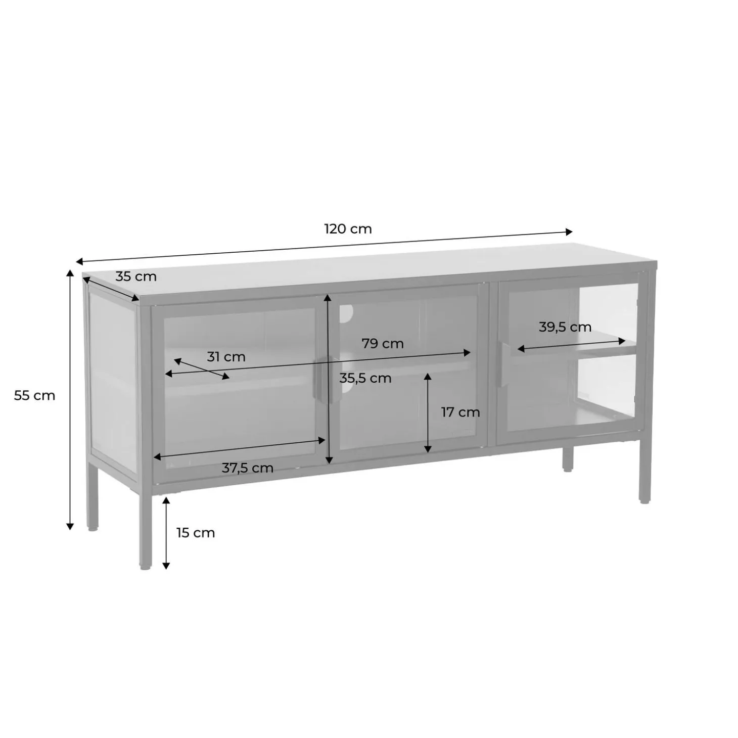 TV-meubel vitrine gehard glas en staal 3 deuren industrieel 120cm