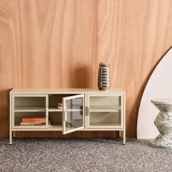 TV-meubel vitrine gehard glas en staal 3 deuren industrieel 120cm