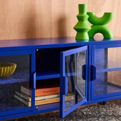 TV-meubel vitrine gehard glas en staal 3 deuren industrieel 120cm