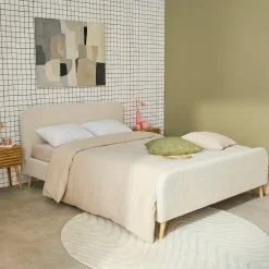 Tweepersoonsbed met lattenbodem en gestoffeerd hoofdbord bouclé 160x200cm