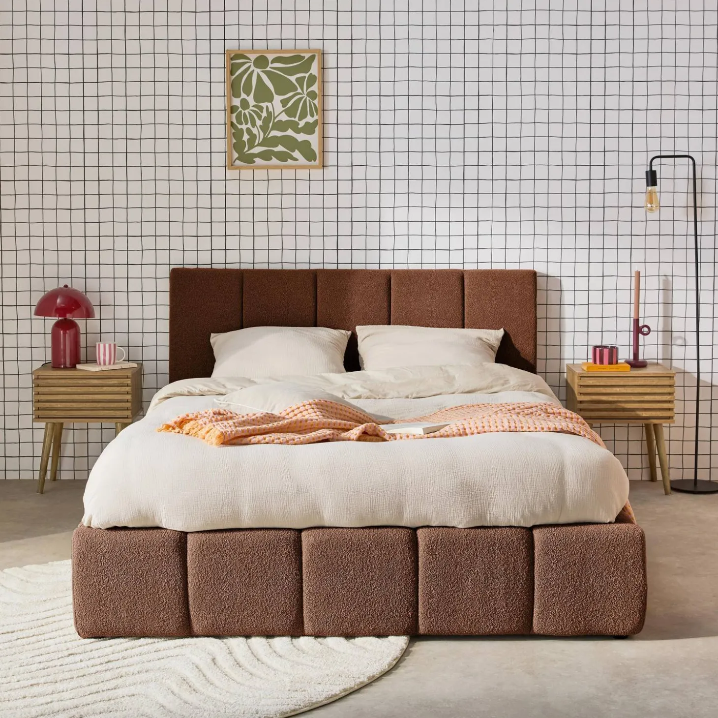 Tweepersoonsbed 160x200cm met opbergbox lattenbodem en hoofdbord in getextureerde bouclé