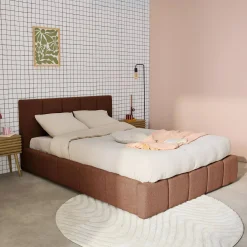Tweepersoonsbed 160x200cm met opbergbox lattenbodem en hoofdbord in getextureerde bouclé