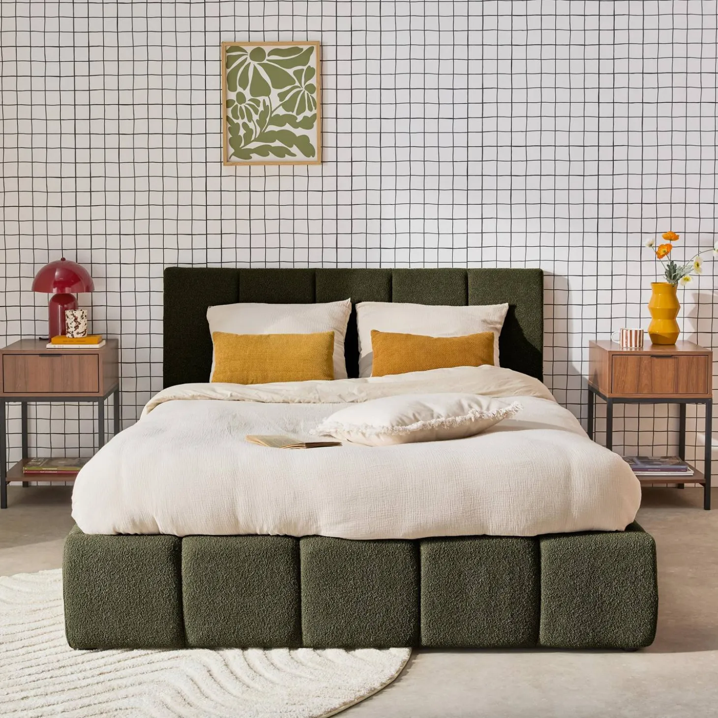 Tweepersoonsbed 140x190cm met opbergbox lattenbodem en hoofdbord in getextureerde bouclé