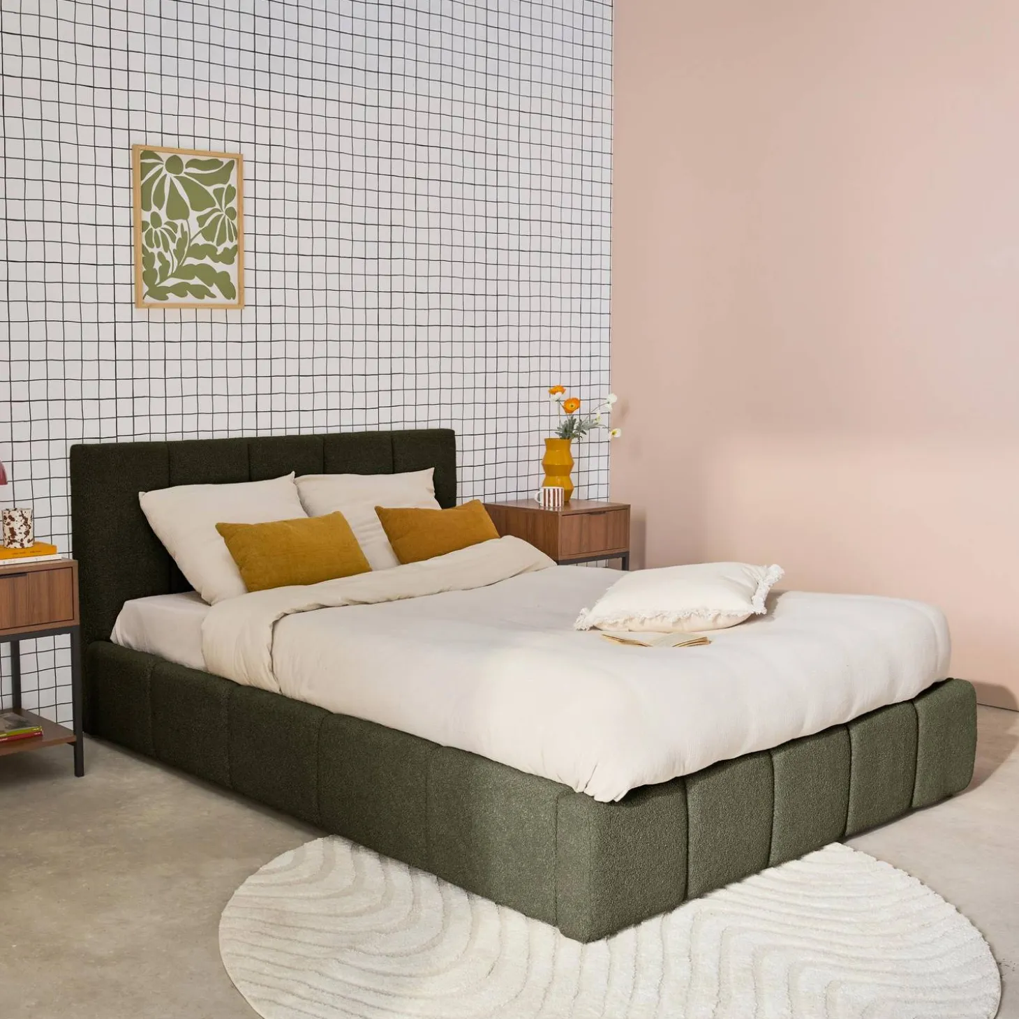 Tweepersoonsbed 140x190cm met opbergbox lattenbodem en hoofdbord in getextureerde bouclé