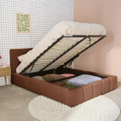 Tweepersoonsbed 140x190cm met opbergbox lattenbodem en hoofdbord in getextureerde bouclé