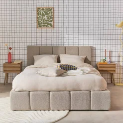 Tweepersoonsbed 160x200cm met opbergbox lattenbodem en hoofdbord in getextureerde bouclé
