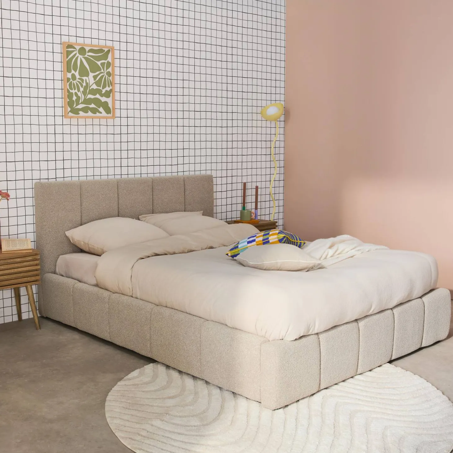 Tweepersoonsbed 160x200cm met opbergbox lattenbodem en hoofdbord in getextureerde bouclé