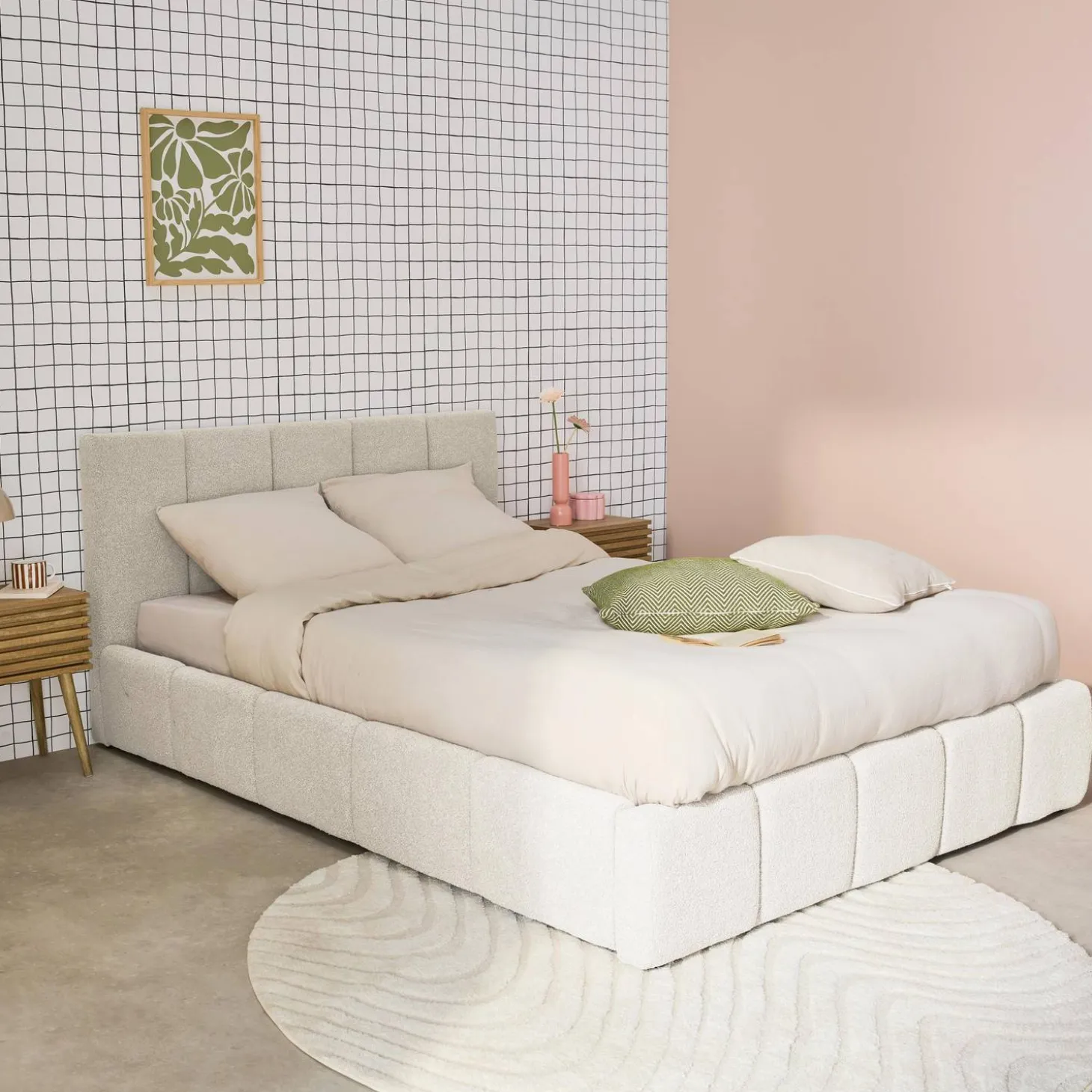 Tweepersoonsbed 140x190cm met opbergbox lattenbodem en hoofdbord in getextureerde bouclé