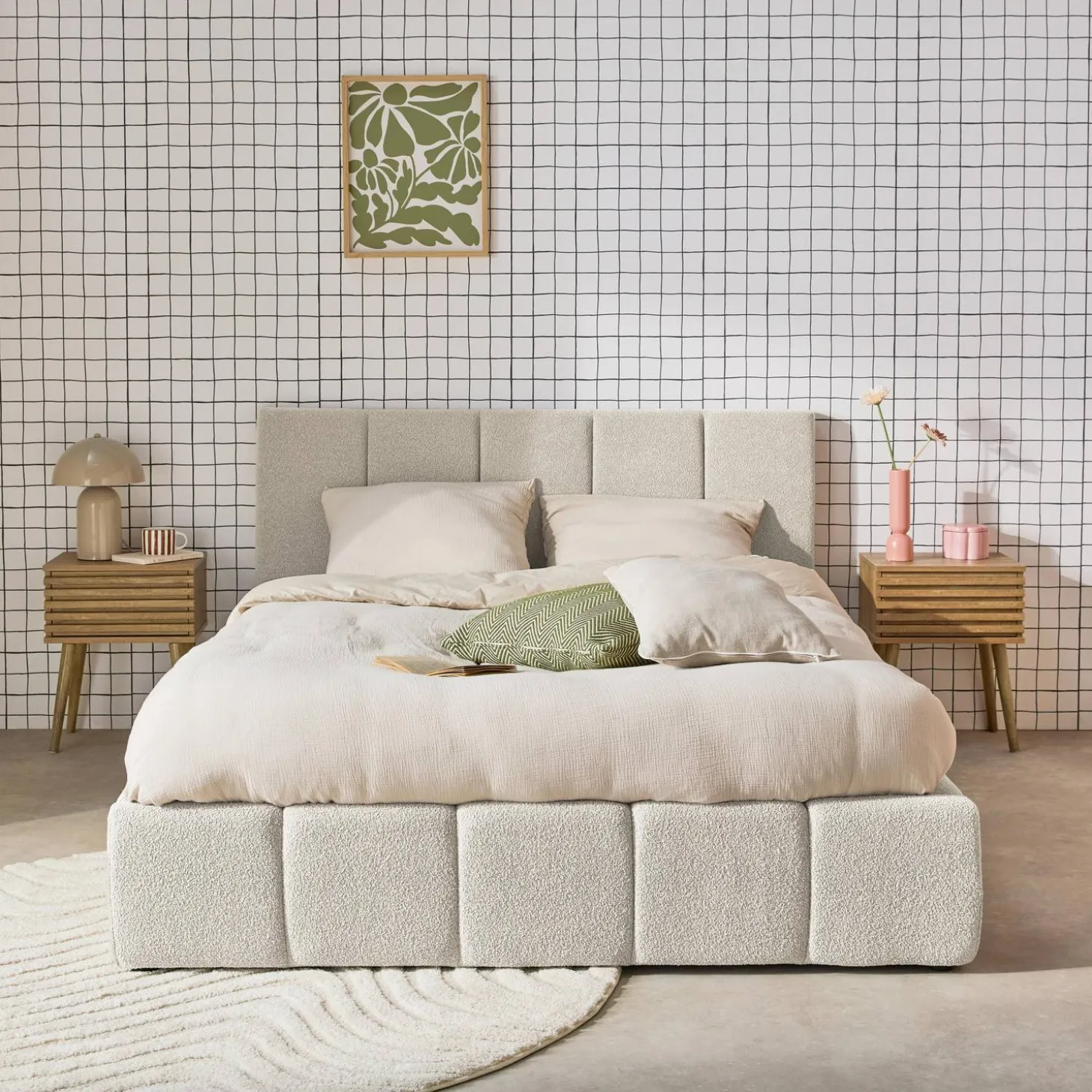 Tweepersoonsbed 140x190cm met opbergbox lattenbodem en hoofdbord in getextureerde bouclé