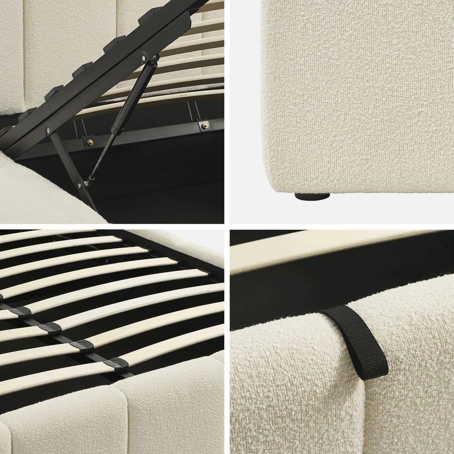 Tweepersoonsbed 140x190cm met opbergbox lattenbodem en hoofdbord in getextureerde bouclé