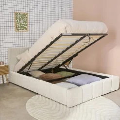 Tweepersoonsbed 140x190cm met opbergbox lattenbodem en hoofdbord in getextureerde bouclé