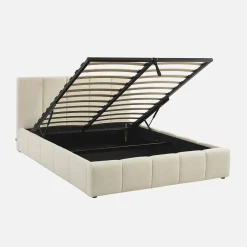 Tweepersoonsbed 140x190cm met opbergbox lattenbodem en hoofdbord in getextureerde bouclé