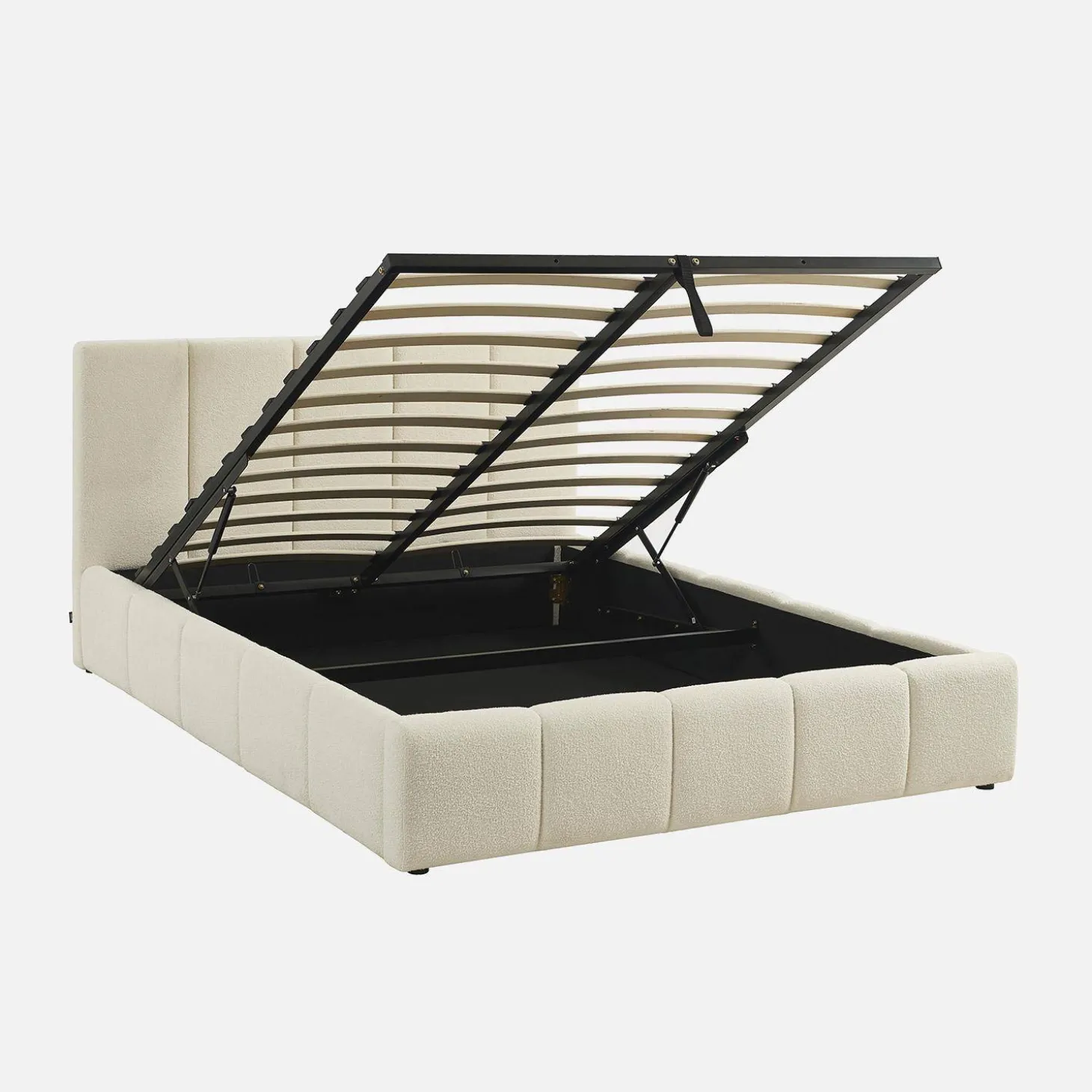 Tweepersoonsbed 140x190cm met opbergbox lattenbodem en hoofdbord in getextureerde bouclé