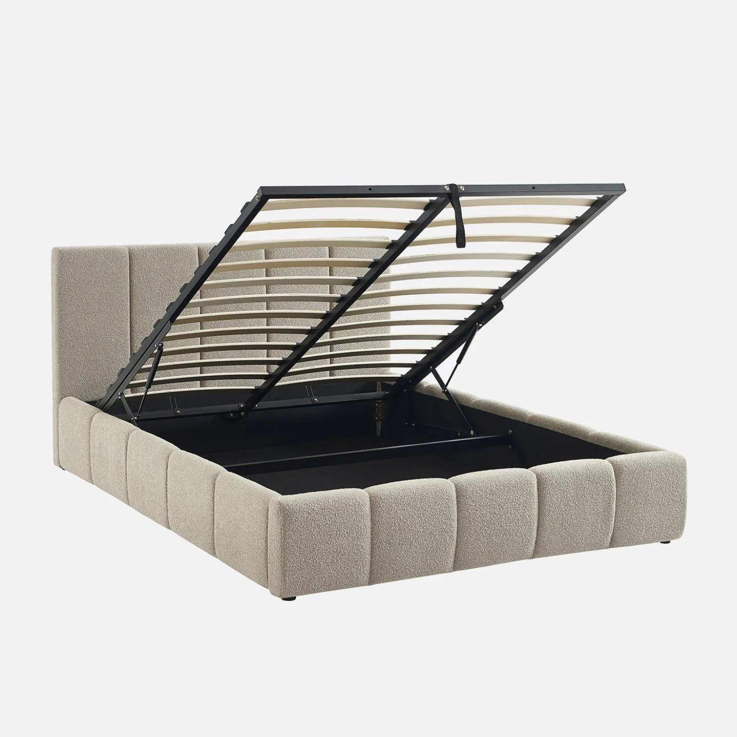 Tweepersoonsbed 140x190cm met opbergbox lattenbodem en hoofdbord in getextureerde bouclé
