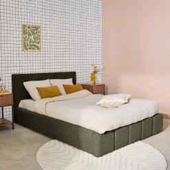 Tweepersoonsbed 160x200cm met opbergbox lattenbodem en hoofdbord in getextureerde bouclé