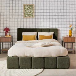 Tweepersoonsbed 160x200cm met opbergbox lattenbodem en hoofdbord in getextureerde bouclé