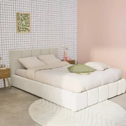 Tweepersoonsbed 160x200cm met opbergbox lattenbodem en hoofdbord in getextureerde bouclé