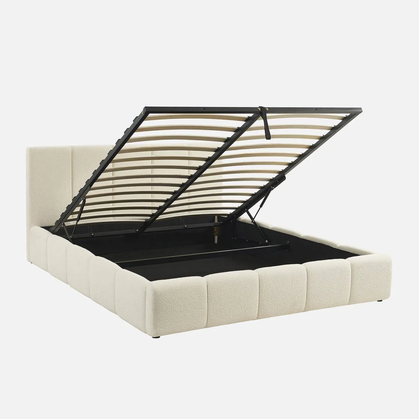 Tweepersoonsbed 160x200cm met opbergbox lattenbodem en hoofdbord in getextureerde bouclé