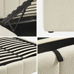 Tweepersoonsbed 160x200cm met opbergbox lattenbodem en hoofdbord in getextureerde bouclé