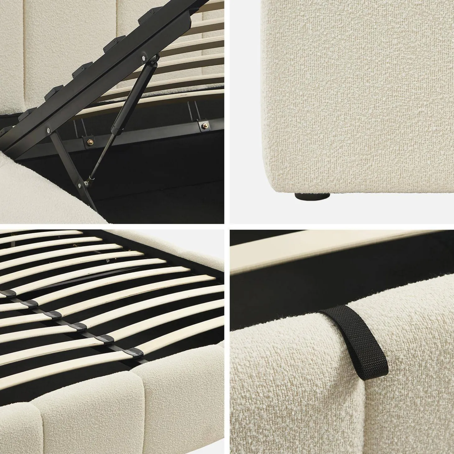 Tweepersoonsbed 160x200cm met opbergbox lattenbodem en hoofdbord in getextureerde bouclé
