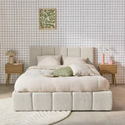 Tweepersoonsbed 160x200cm met opbergbox lattenbodem en hoofdbord in getextureerde bouclé