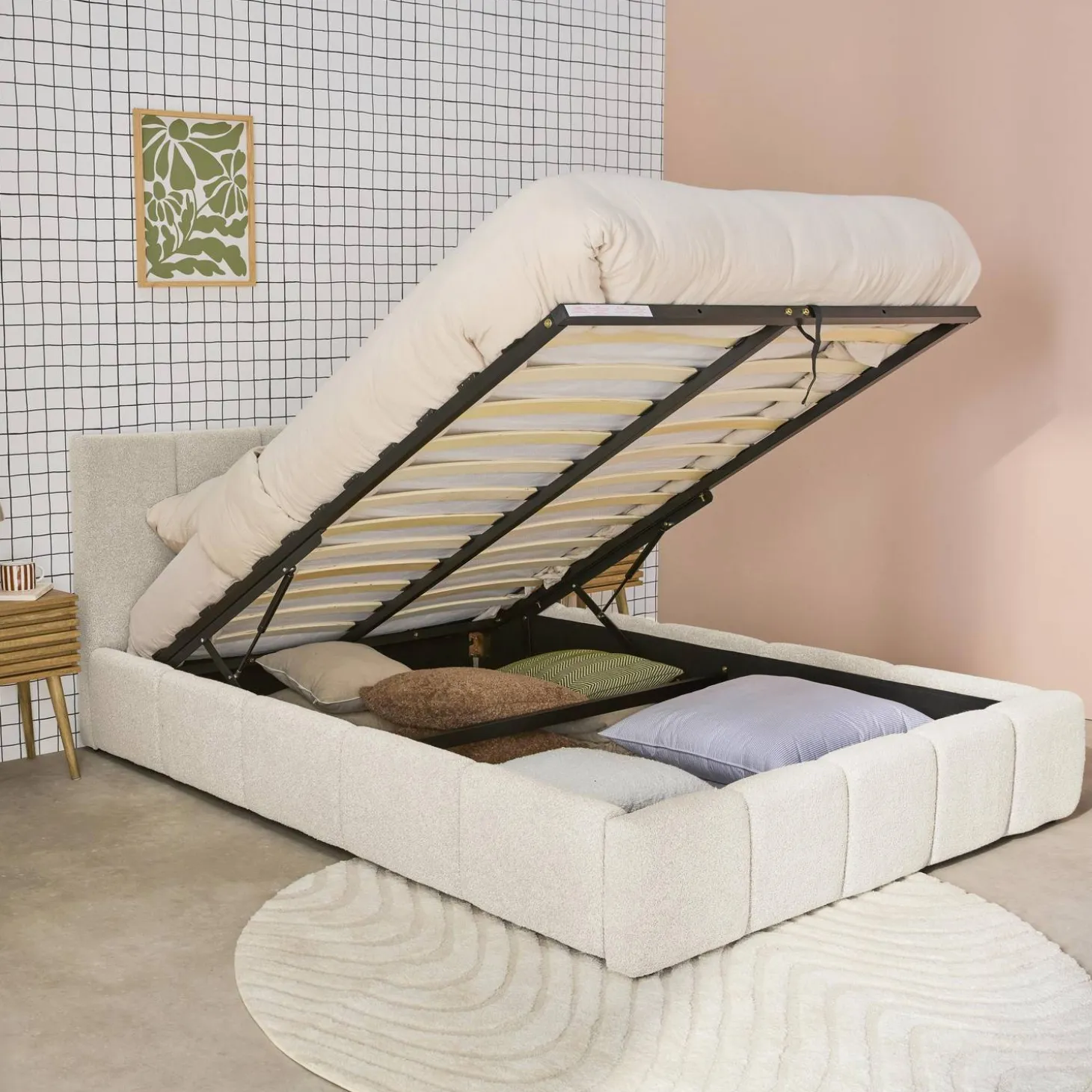 Tweepersoonsbed 160x200cm met opbergbox lattenbodem en hoofdbord in getextureerde bouclé