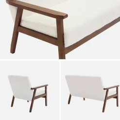 Tweezits bankje en fauteuil met walnootkleurig hout en bouclé zitting