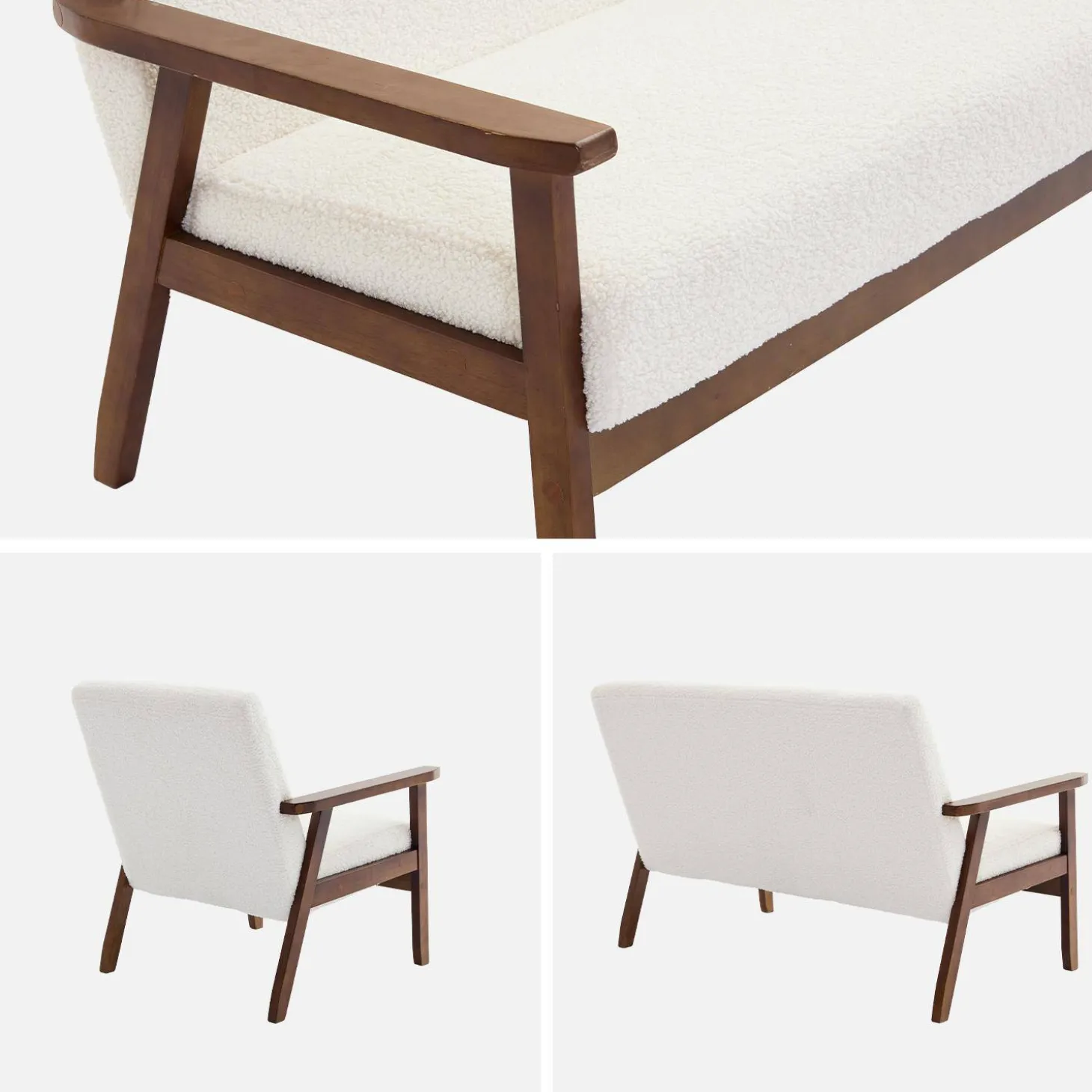 Tweezits bankje en fauteuil met walnootkleurig hout en bouclé zitting