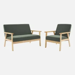 Tweezits bankje en fauteuil van hout met corduroy zitting