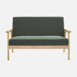 Tweezits bankje en fauteuil van hout met corduroy zitting