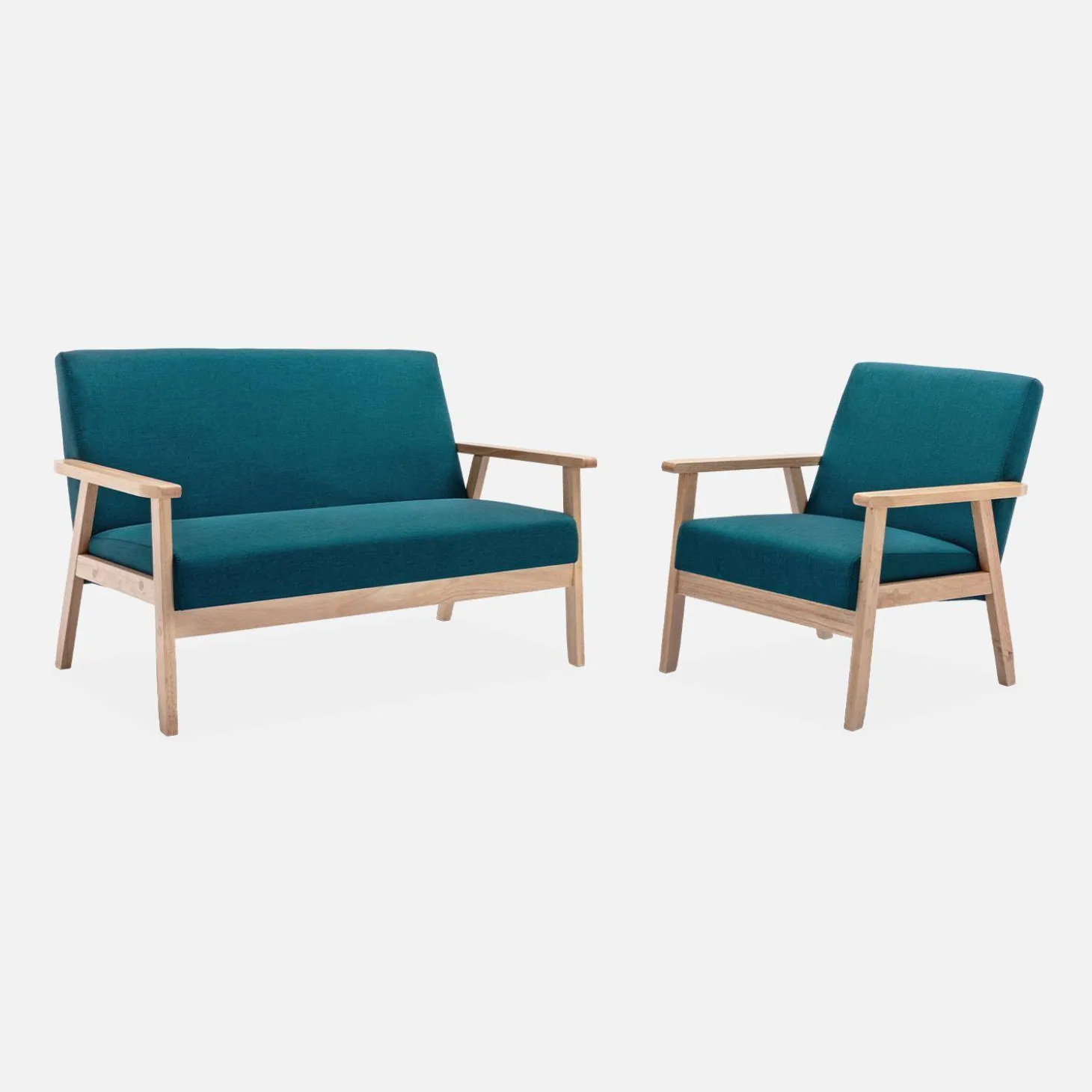 Tweezits bankje en fauteuil van hout met stoffen zitting