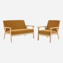 Tweezits bankje en fauteuil van hout met corduroy zitting