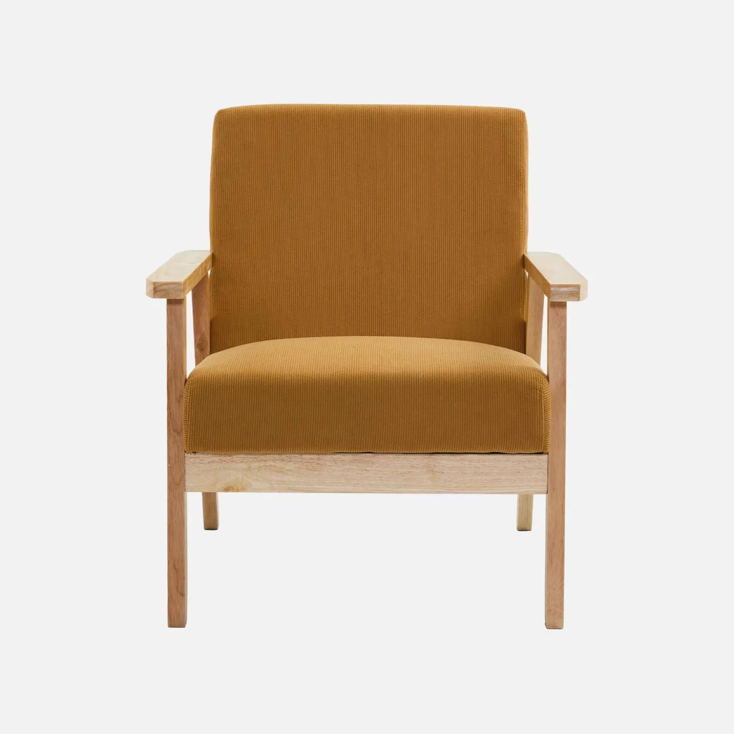 Tweezits bankje en fauteuil van hout met corduroy zitting