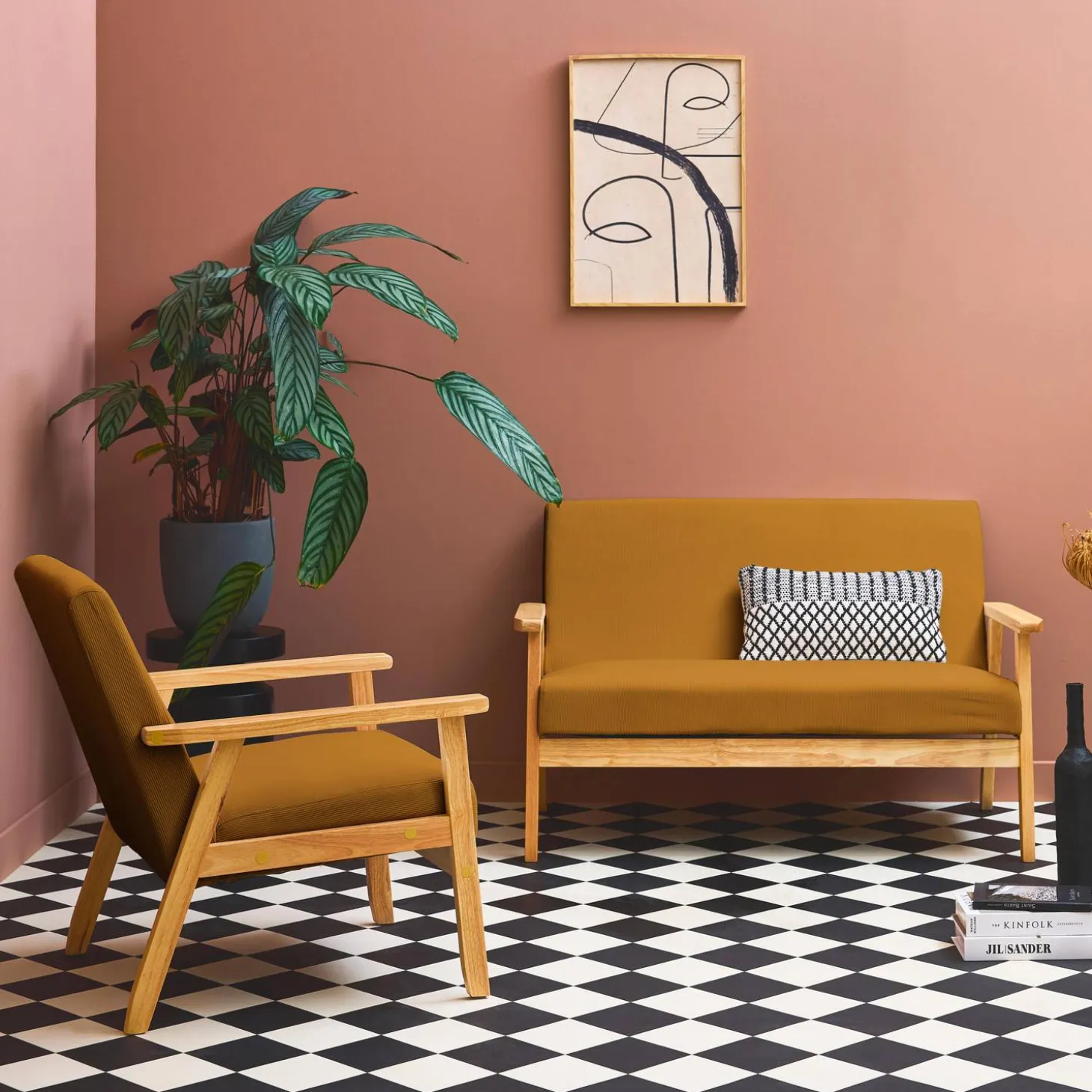 Tweezits bankje en fauteuil van hout met corduroy zitting
