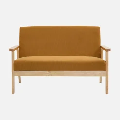 Tweezits bankje en fauteuil van hout met corduroy zitting