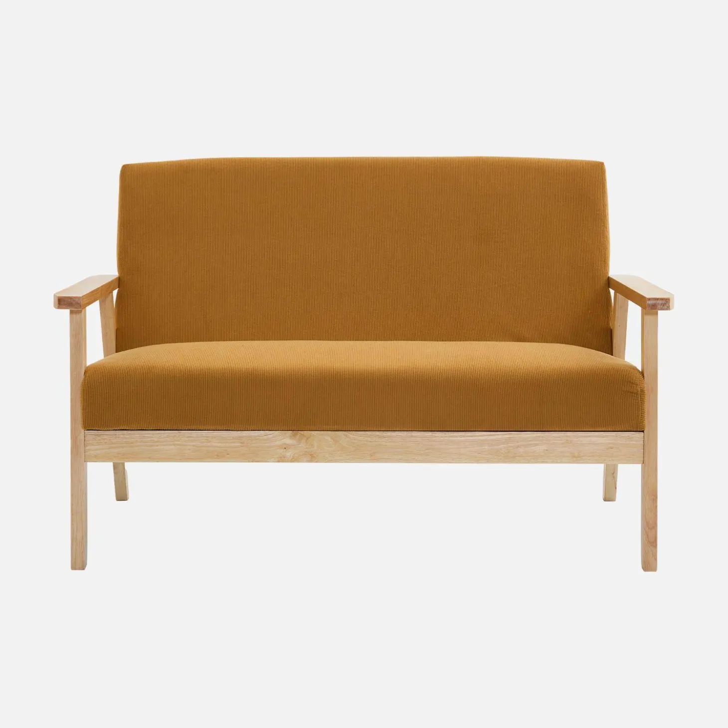 Tweezits bankje en fauteuil van hout met corduroy zitting