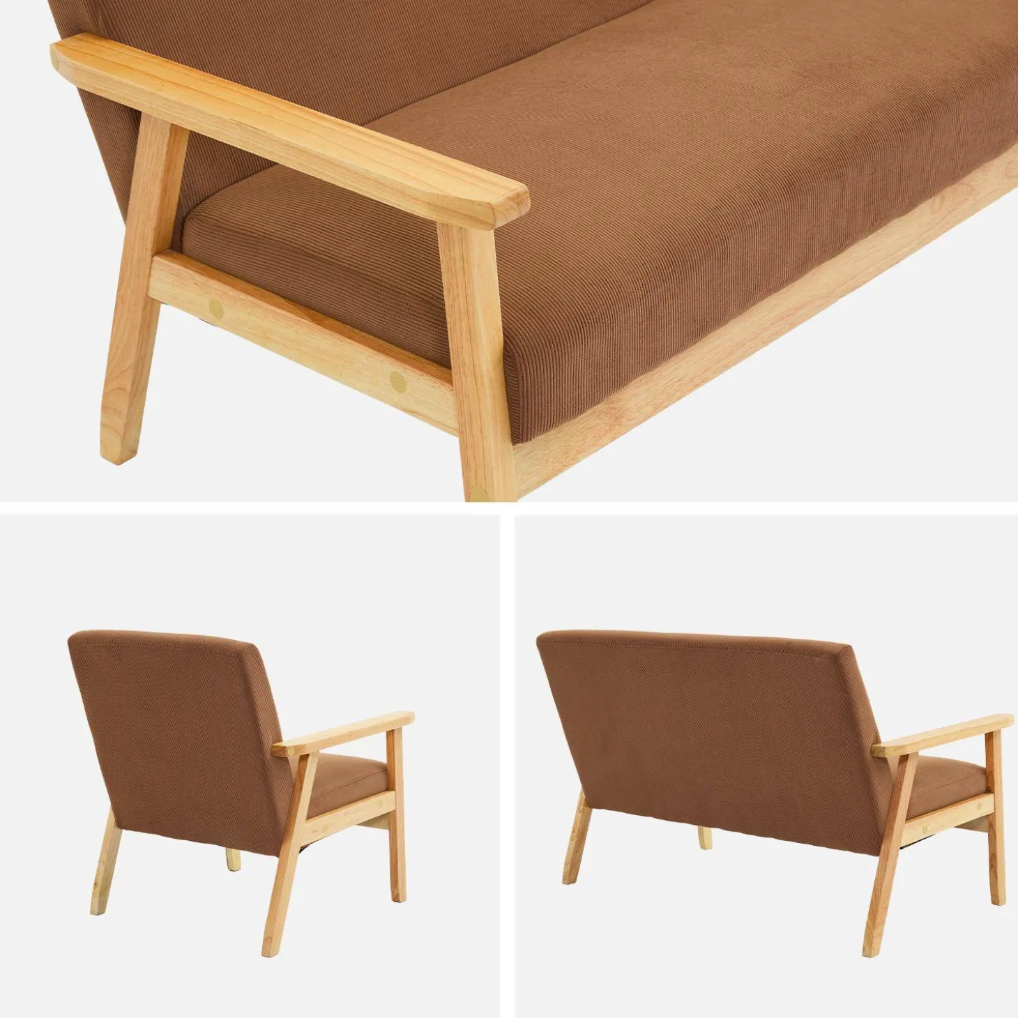 Tweezits bankje en fauteuil van hout met corduroy zitting