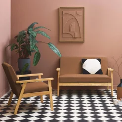 Tweezits bankje en fauteuil van hout met corduroy zitting