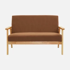 Tweezits bankje en fauteuil van hout met corduroy zitting