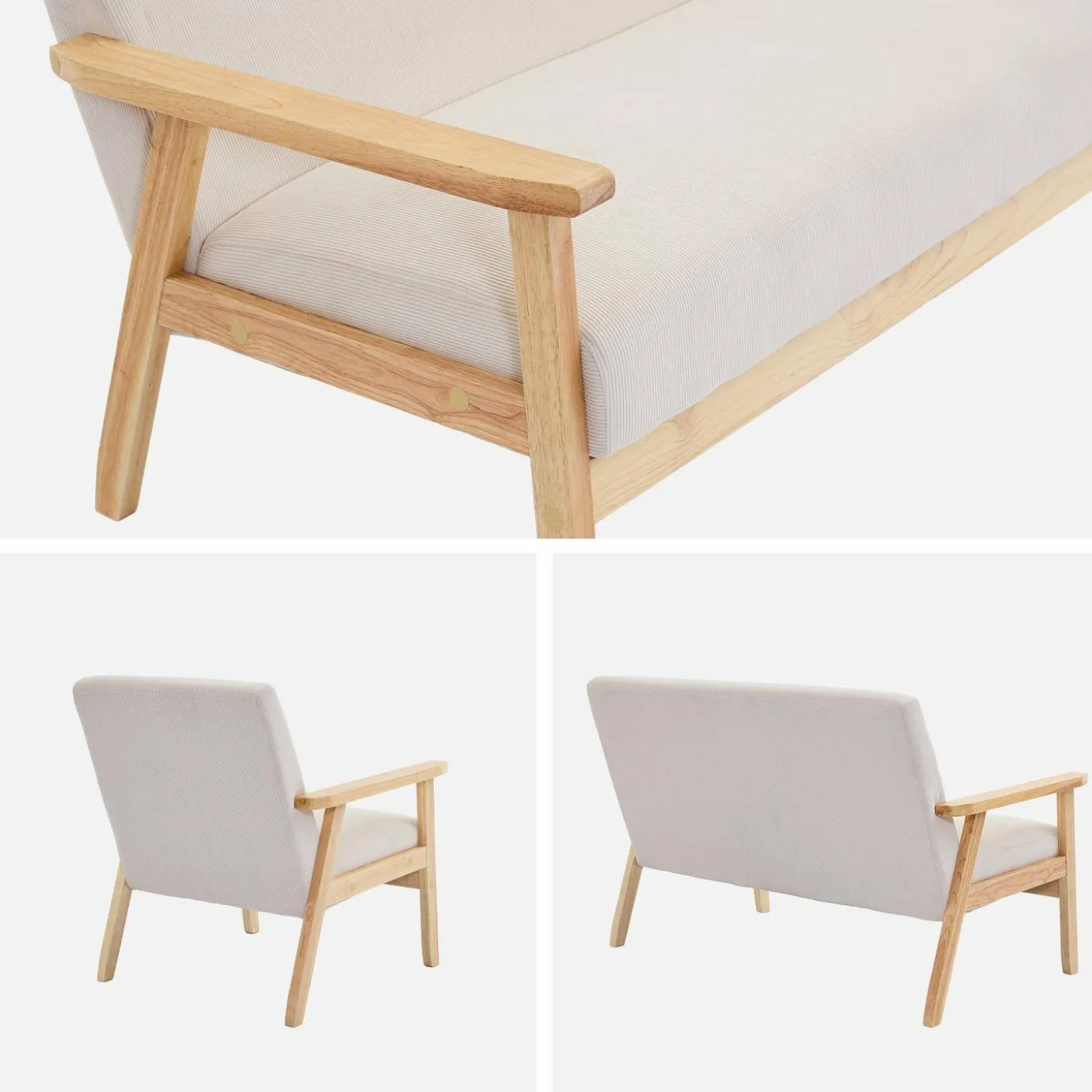 Tweezits bankje en fauteuil van hout met corduroy zitting