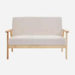 Tweezits bankje en fauteuil van hout met corduroy zitting