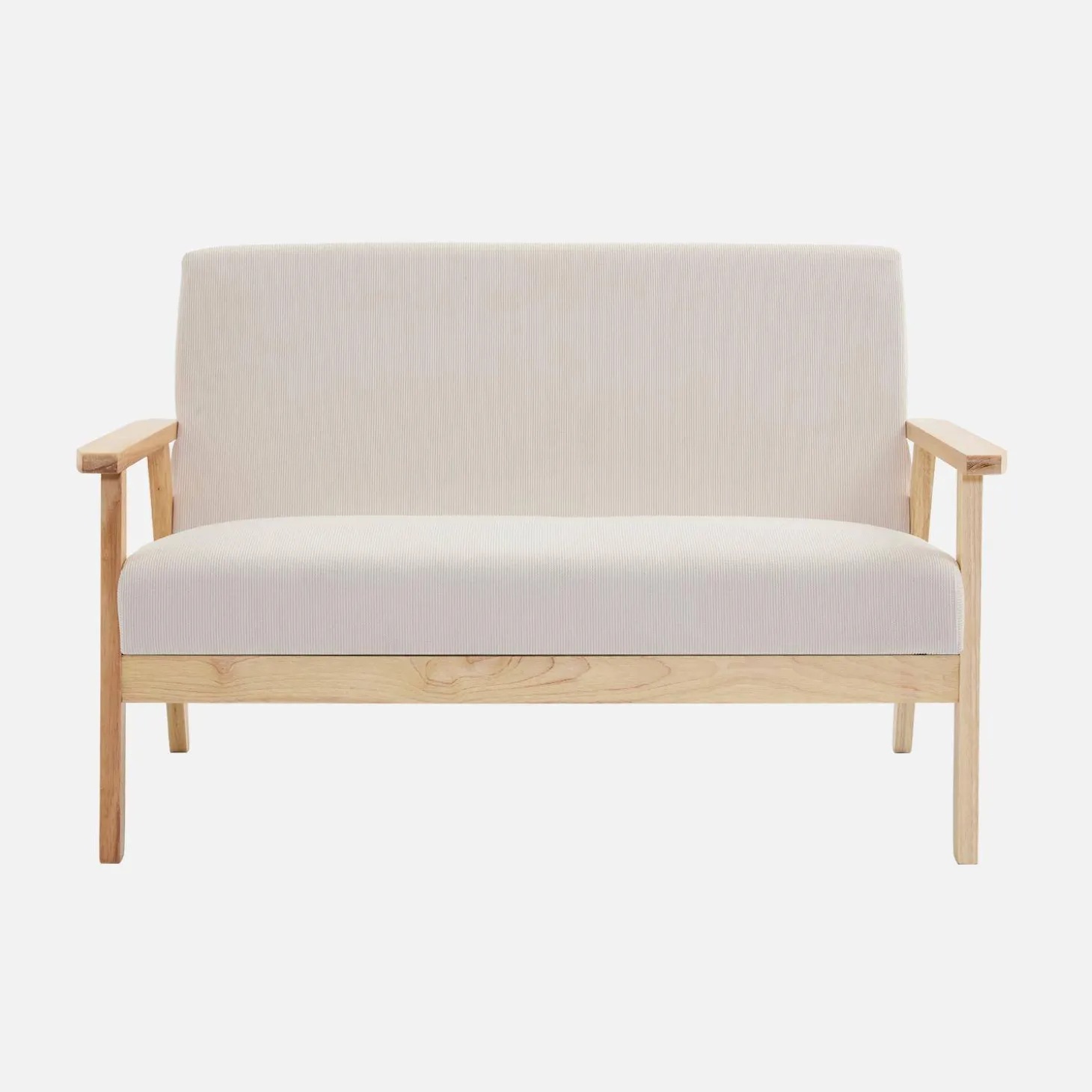 Tweezits bankje en fauteuil van hout met corduroy zitting